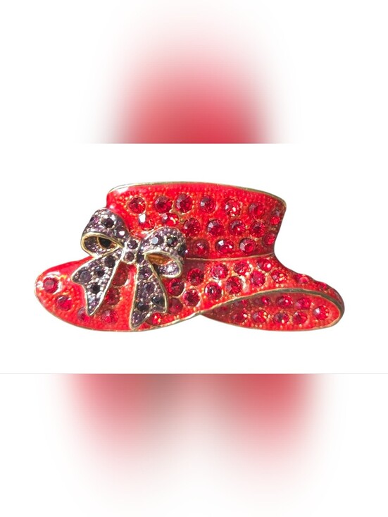 Accessories - Red Crystal Hat Vintage Brooch with Bow Accent